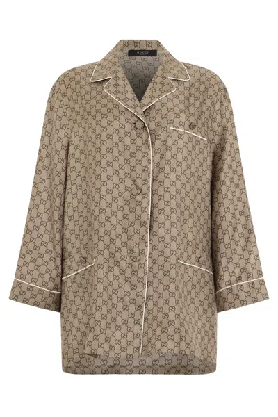 Gucci Monogram Lightweight Silk Button-front Shirt Jacket In Brown