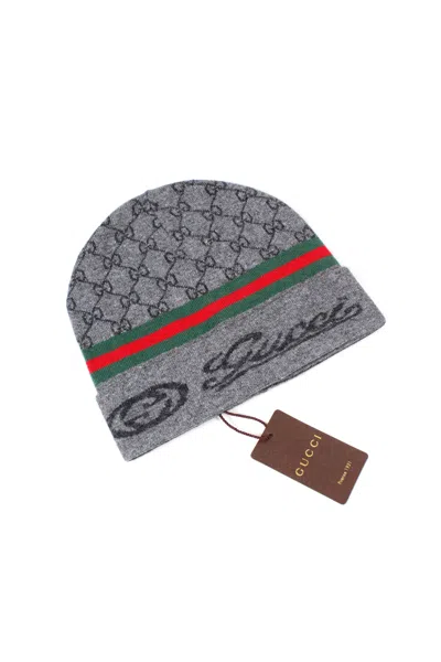 Pre-owned Gucci Monogram Logo Interlocking Cashmere Wool Beanie Hat In Multi