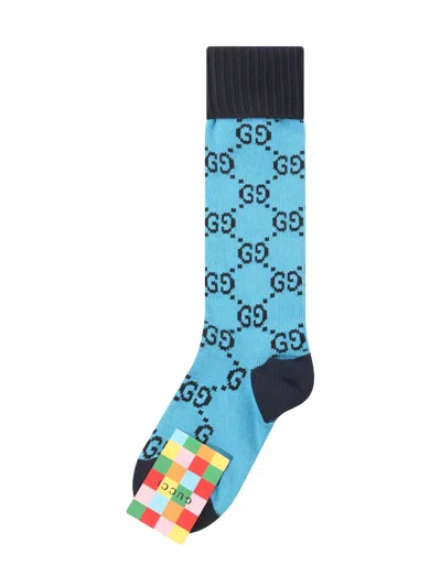 Gucci Monogram Logo Long Socks In Blue