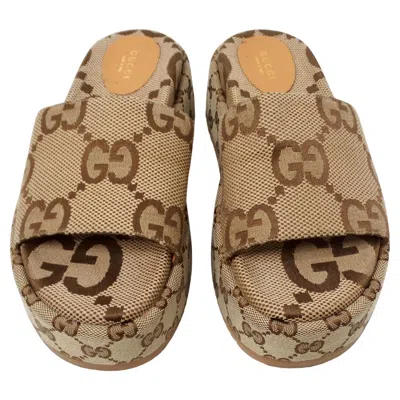 Pre-owned Gucci Monogram Maxi Gg Angelina Platform Slide Sandals In Brown