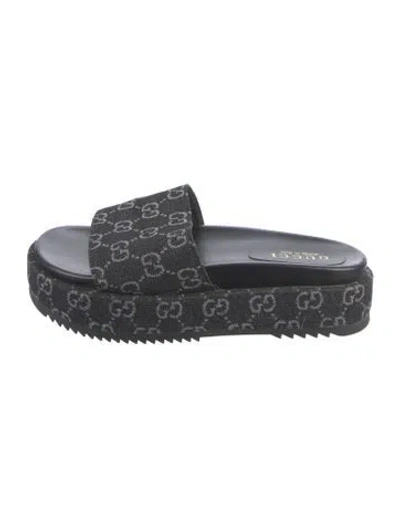 Pre-owned Gucci Monogram Pattern Denim Slides In Black