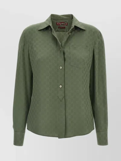 GUCCI MONOGRAM PATTERN LONG SLEEVE SILK TOP