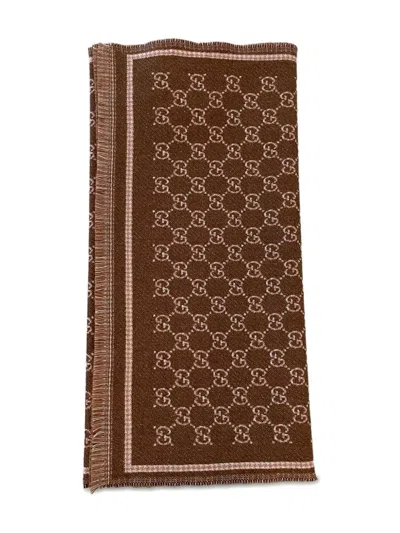 Gucci Monogram Patterned Fringe Scarf In Brown