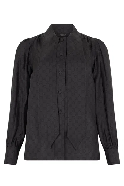 Gucci Monogram Silk Shirt With Front Closure And Collar In Black