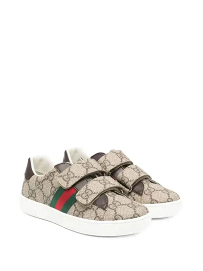 Gucci Kids' Monogram Touch-strap Sneakers In Brown