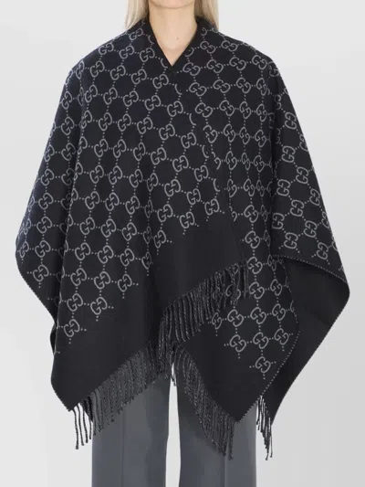 GUCCI MONOGRAM WOOL JACQUARD CAPE FRINGE