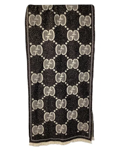 Gucci Monogram Wool Scarf (authentic Pre-loved) In Black
