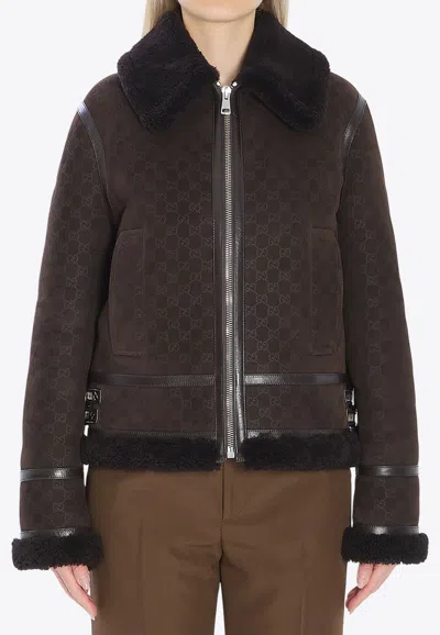 Gucci Monogram Zip-up Jacket In Brown