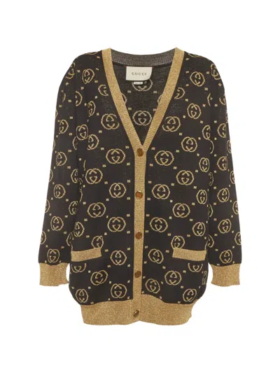 Pre-owned Gucci Monogram-jacquard Buttoned Cardigan In Black