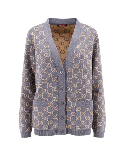 Gucci Grey Reversible Cardigan With V Neck In Gg Canvas Woman In Blue