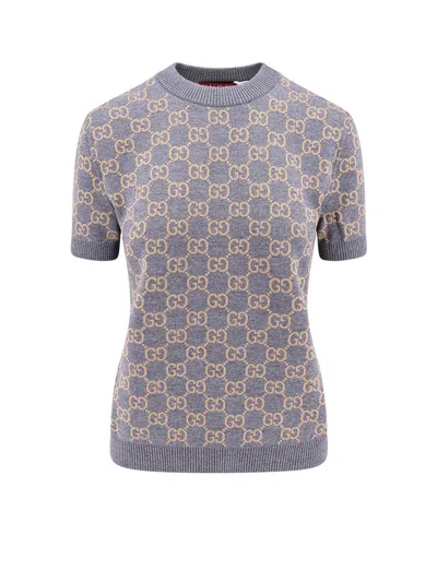 Gucci Monogrammed Intarsia Short-sleeve Sweater In Grey