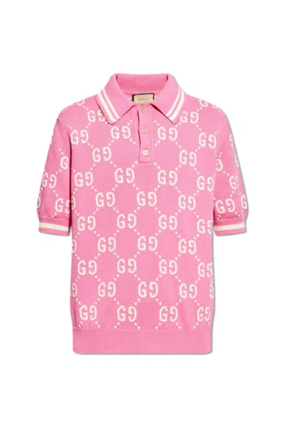 Gucci Gg Cotton Intarsia Polo In Pink/ivory