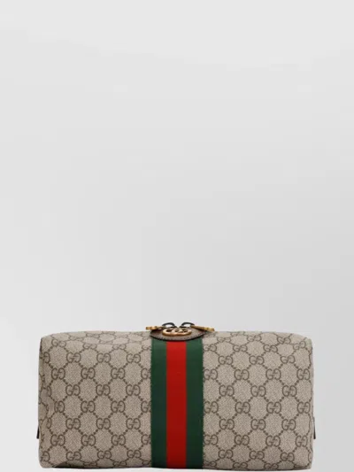 Gucci Monogrammed Travel Bag With Web Stripe Detail In Grey