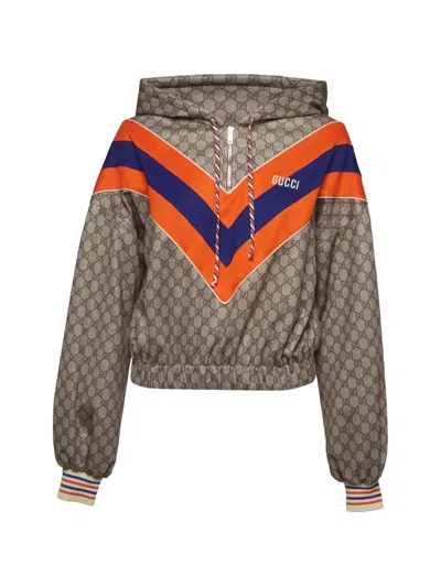 Pre-owned Gucci Monogram-print Quarter-zip Hoodie In Neutrals