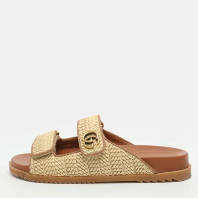Pre-owned Gucci Moritz Size 36 Beige Raffia Slide Sandals