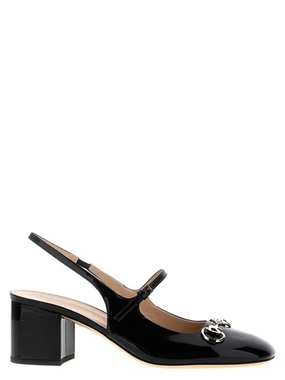 Gucci Horsebit Patent Leather Slingback Pumps In Black