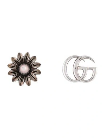 Pre-owned Gucci Mother Of Pearl Flower & Gg Marmont Mismatched Stud Earrings In Multicolor