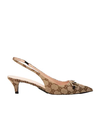 Gucci Motif Canvas Horsebit Sling Pumps In Brown
