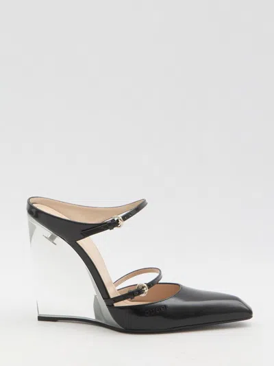 【関税&送料込】Gucci Mules With Transparent Wedge Heel Gucci Glossy Leather Mules With Transparent Wedge Heel In