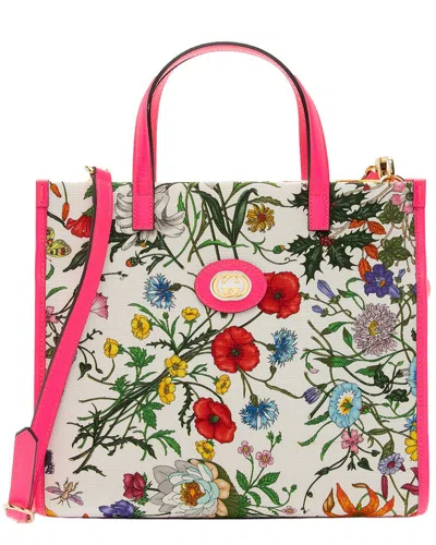 GUCCI GUCCI MULTI & PINK CANVAS FLORA & LEATHER FLORA MEDIUM TOTE (AUTHENTIC PRE-  LOVED)