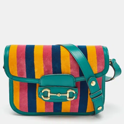 Pre-owned Gucci Multicolor Baiadera Stripe Velvet And Leather Horsebit 1955 Shoulder Bag