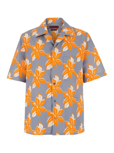 Gucci Multicolor Bowling Shirt With Cuban Collar And All-over Floral Print In Cotton Man In Grey