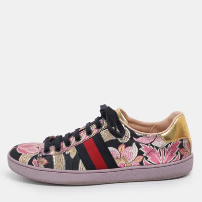 Pre-owned Gucci Multicolor Canvas And Leather Gg Floral Ace Low Top Sneakers Size 37.5 In Silver