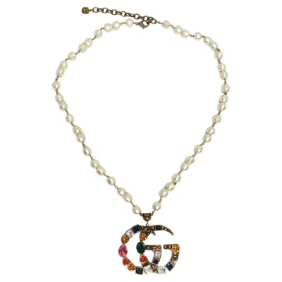 Pre-owned Gucci Multicolor Crystal Faux Pearl Logo Pendent Necklace