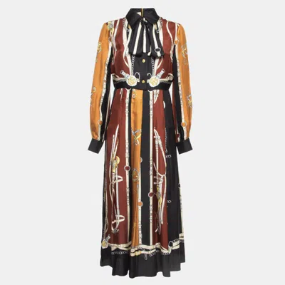 Pre-owned Gucci Multicolor Equestrian Printed Silk Pleated Midi Dress M