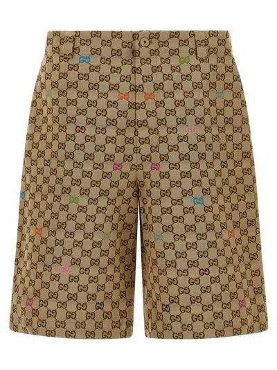 Gucci Men Beige Bermuda Pants With Belt Loops In Gg Canvas Man In Neutral