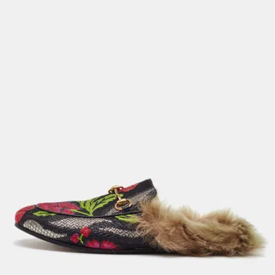 Pre-owned Gucci Multicolor Floral Brocade Fabric And Fur Lined Princetown Flat Mules Size 38
