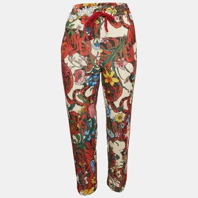 Pre-owned Gucci Multicolor Floral Print Cotton Blend Logo Tape Trimmed Trackpants M