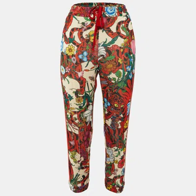 Pre-owned Gucci Multicolor Floral Print Jersey Logo Tape Trimmed Trackpants S