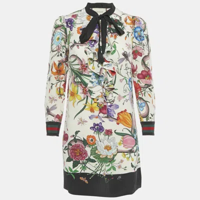 Pre-owned Gucci Multicolor Floral Print Silk Ruffled Mini Dress M In White