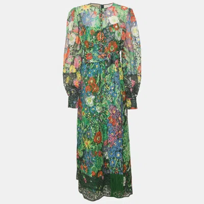 Pre-owned Gucci Multicolor Floral Printed Lace Belted Midi Dress