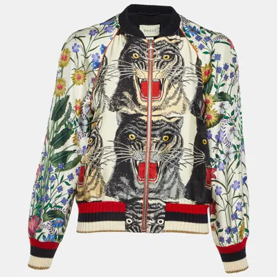 Pre-owned Gucci Multicolor Floral Sequined Printed Silk Bomber Jacket S