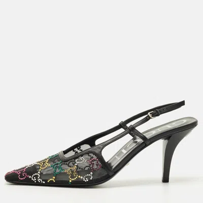 Pre-owned Gucci Multicolor Gg Crystal Mesh And Leather Slingback Pumps Size 39