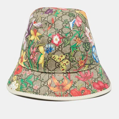 Pre-owned Gucci Multicolor Gg Floral Print Coated Canvas Leather Trimmed Bucket Hat L