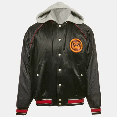 Pre-owned Gucci Multicolor Gg Nylon And Satin Web Accent Zip Front Hooded Jacket S In Black