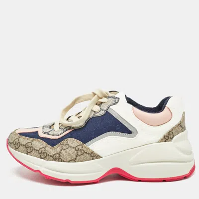Pre-owned Gucci Multicolor Gg Supreme Canvas And Leather Rhyton Trainers Size 37 In Navy Blue
