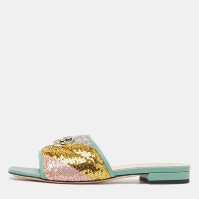 Pre-owned Gucci Multicolor Leather And Sequins Double G Flat Slides Size 38.5