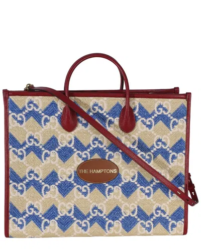 Pre-owned Gucci Multicolor Leather; Straw/raffia The Hamptons' Gg Raffia Large Tote (authentic Pre-loved)