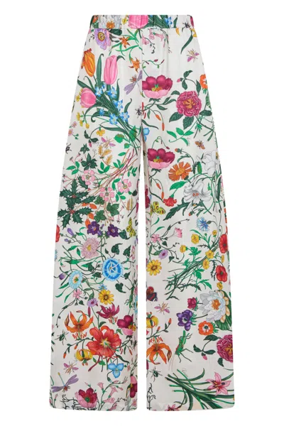 Gucci Floral Silk Wide-leg Palazzo Pants In White