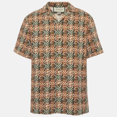 Pre-owned Gucci Multicolor Monogram Print Cotton Basketweave Shirt L