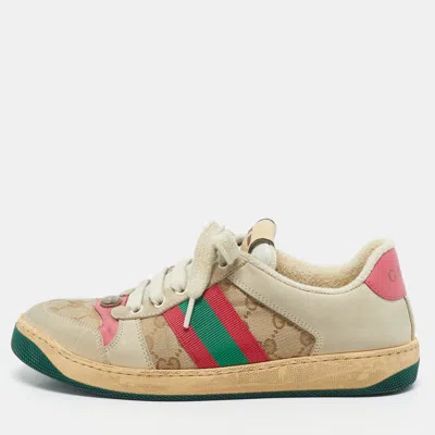 Pre-owned Gucci Multicolor Nubuck Leather And Gg Canvas Screener Sneakers Size 38.5