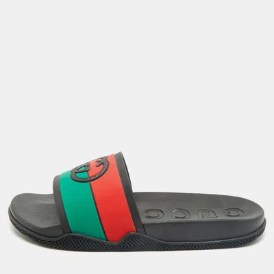 Pre-owned Gucci Multicolor Rubber Web Interlocking G Flat Pool Slides Size 42