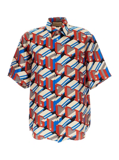 Gucci Multicolor Short Sleeve Shirt With  Pixel Print In Silk Man