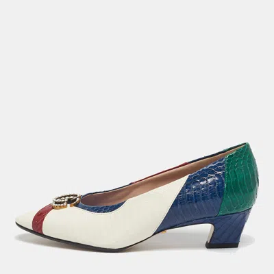 Pre-owned Gucci Multicolor Snakeskin Leather Crystal Double G Block Heel Pumps Size 38.5