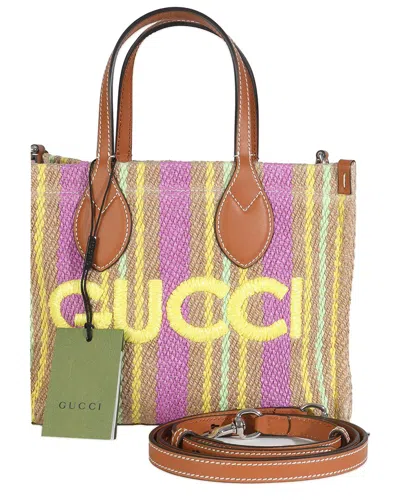 Gucci Multicolor Straw/raffia Logo Embroidered Small Vertical Tote (authentic  Pre-loved)