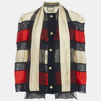 Pre-owned Gucci Multicolor Striped Lace And Silk Shirt M In Red